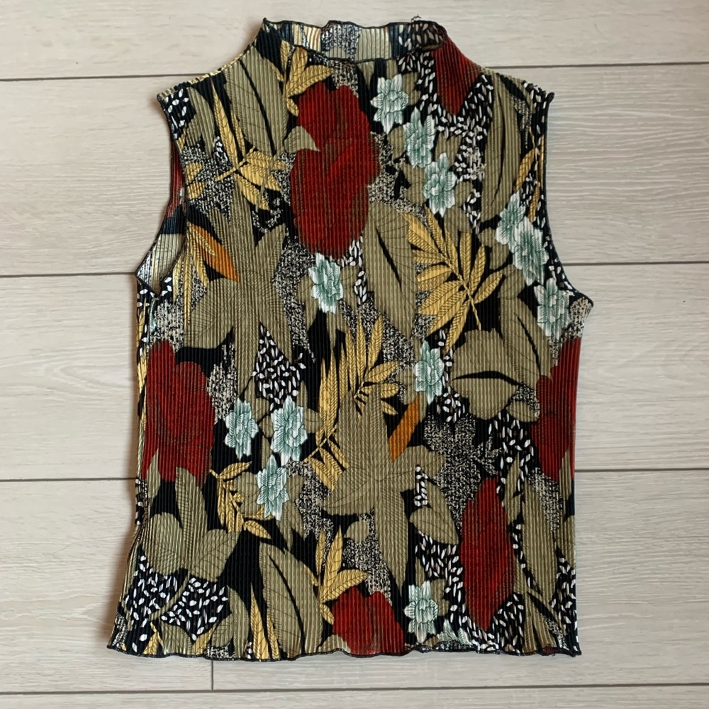 Vintage Micropleat Floral Sleeveless Top S-M